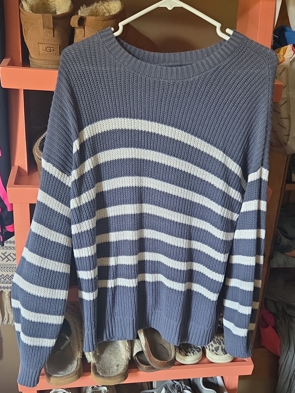 Hollister Navy and White Striped Crewneck Sweater